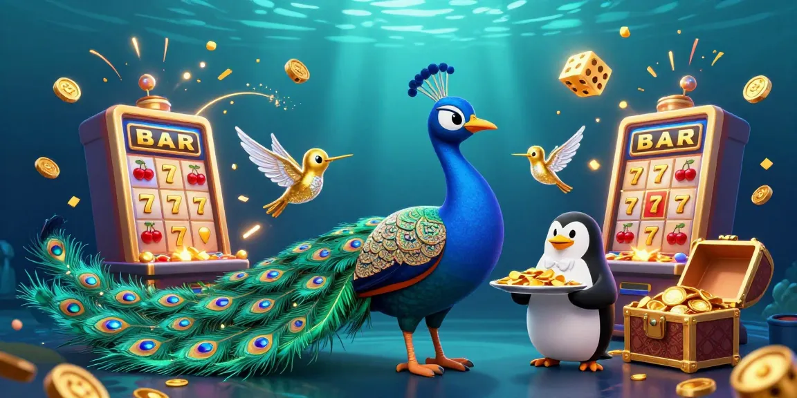 Experience excitement with hello88 in a vibrant casino scene featuring a peacock, penguin, and hummingbird.