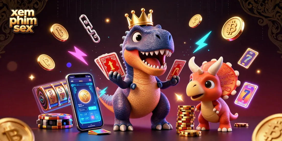 Wager on xem phim sex with a T-Rex shuffling cards and neon coins, creating a vibrant casino atmosphere.