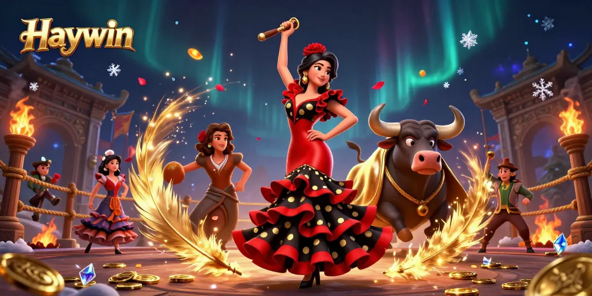 Experience thrilling gameplay at Haywin with a captivating casino scene featuring an energetic flamenco dancer and bull.