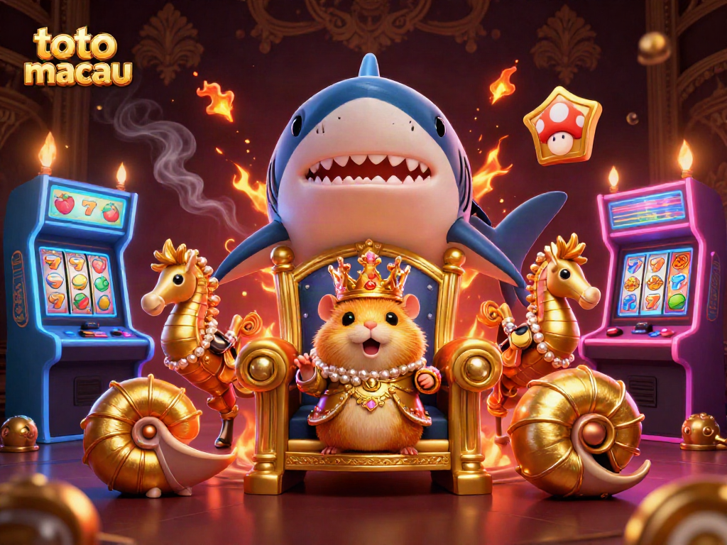 Toto Macau features a fierce hamster king and seahorse guards, with slot machines and game icons around.
