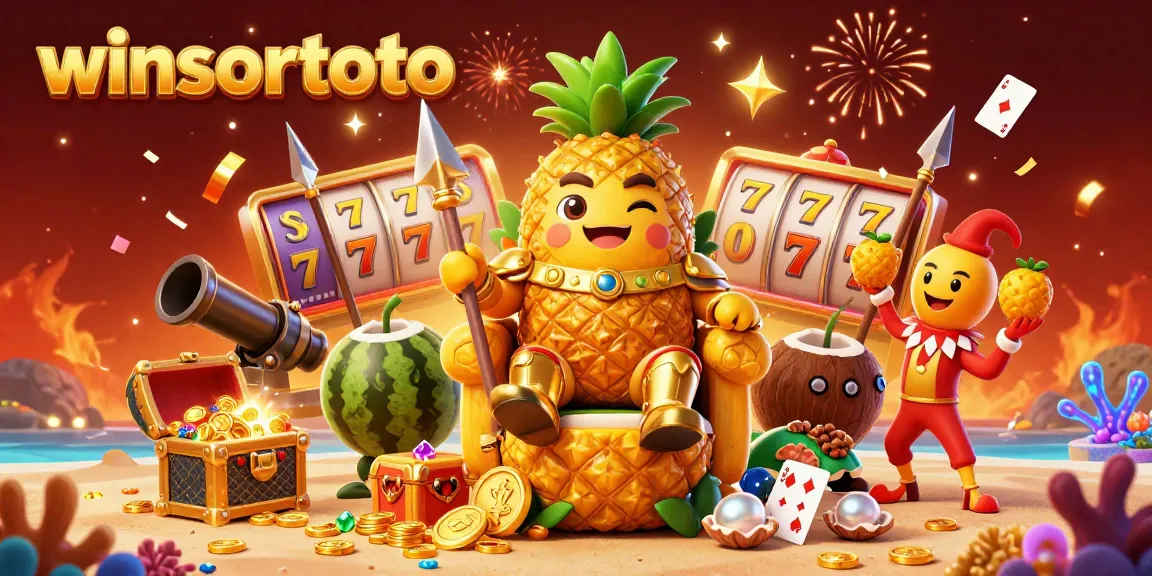 winsortoto slot machine theme with a pineapple king and carnival jester in a vibrant beach setting.