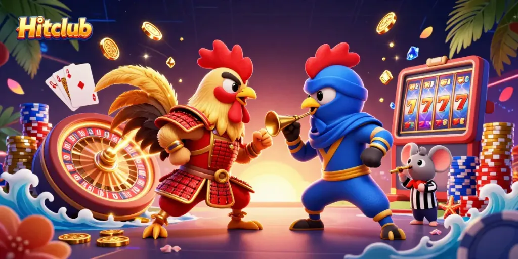 Hitclub's exciting 3D matchup with roosters in combat gear amidst casino elements for thrilling gameplay.