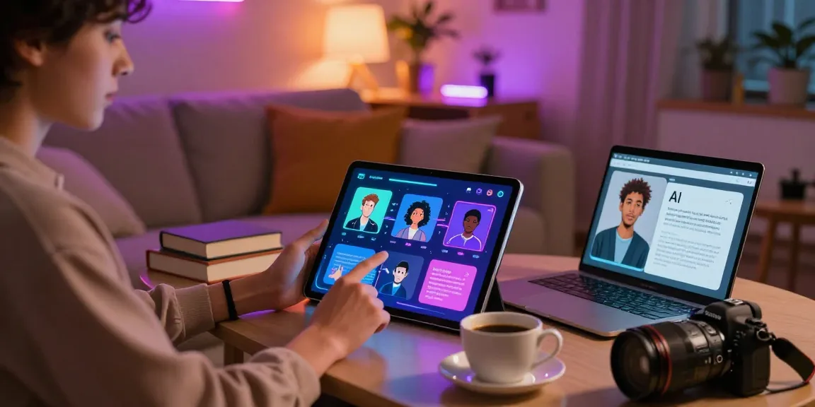 Engaging in ai sex chat with interactive digital avatars in a cozy modern space.