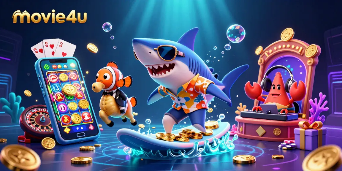 Experience the thrill at movie4u with vibrant casino characters surfing a wave of coins.