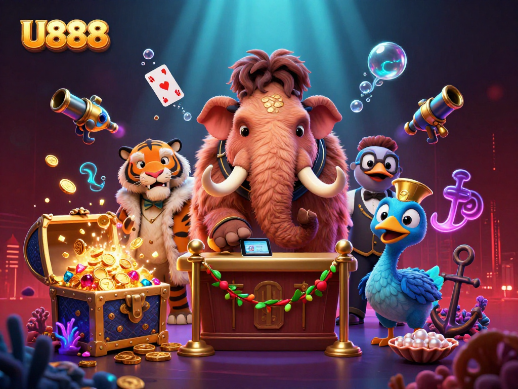 Engage with U888's casino atmosphere featuring vibrant characters and dynamic elements.