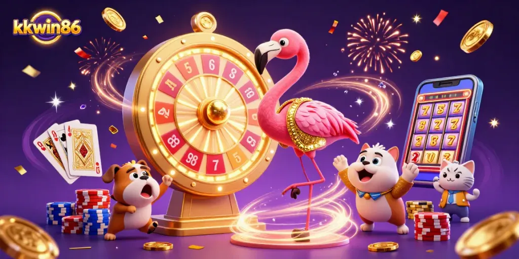 Engage with exciting prizes at kkwin86's dynamic casino experience featuring a flamingo game show host.
