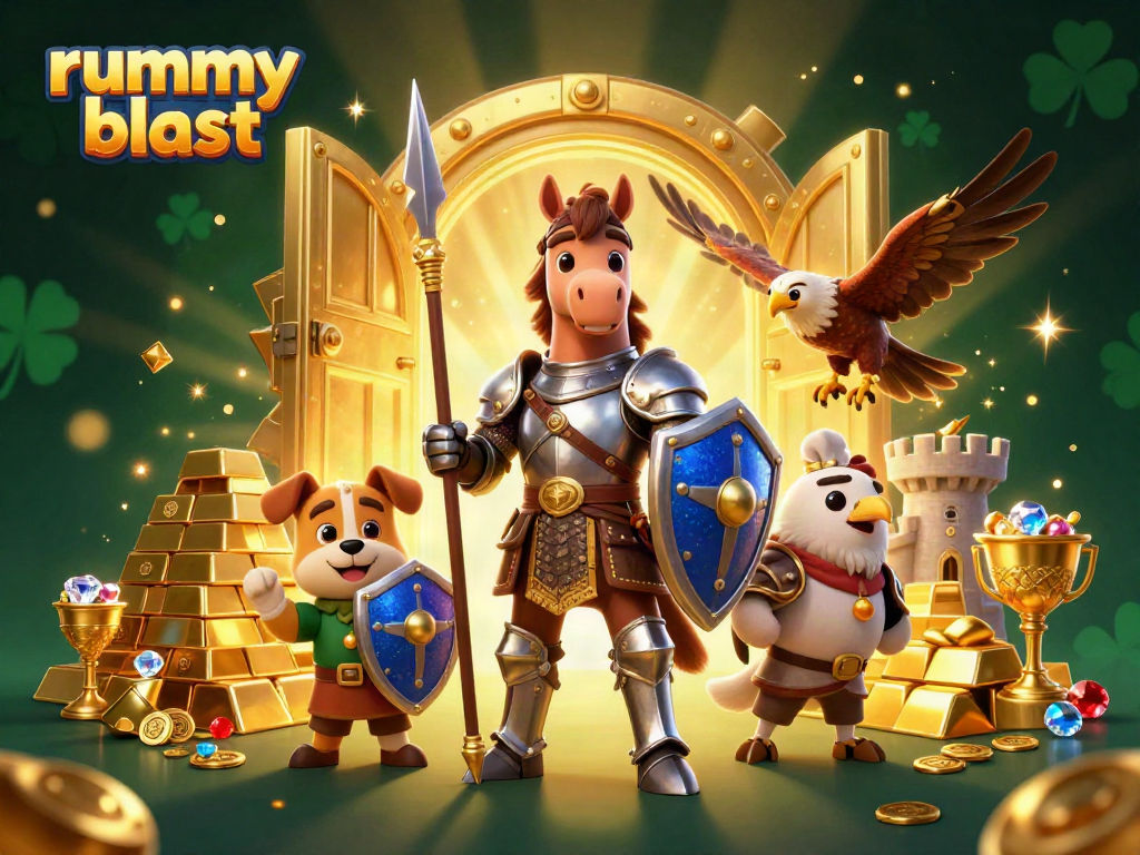 Join the excitement of rummy blast with a 3D knight and playful puppy in a treasure-filled scene.