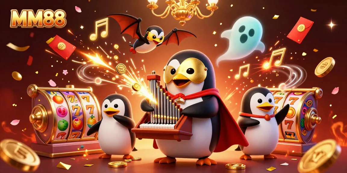 Experience the thrill of MM88 with a vibrant 3D scene showcasing a penguin organist amidst a dazzling casino backdrop.