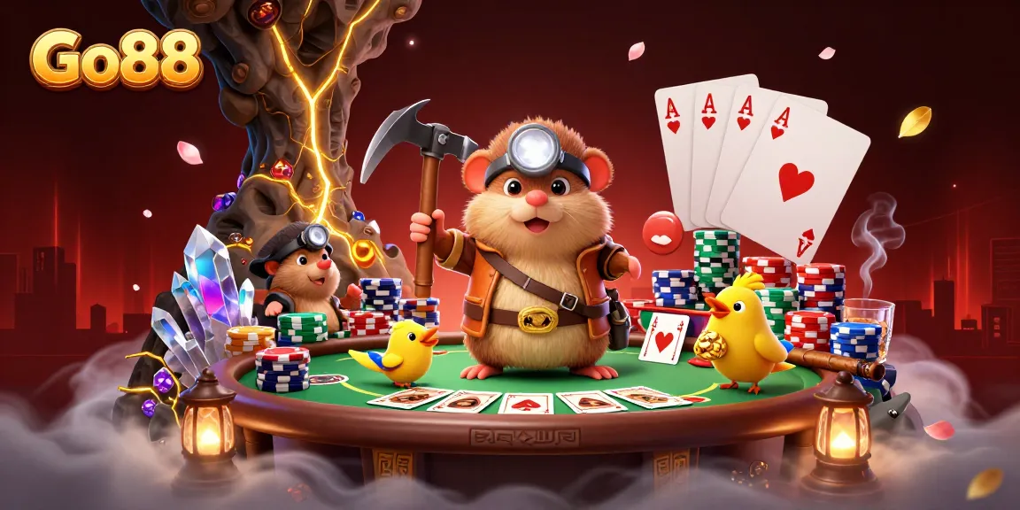 Win big at Go88 with this vibrant casino-themed illustration, showcasing a treasure hunter mole and dynamic poker elements.