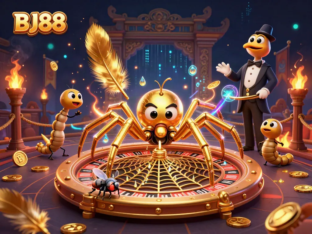 BJ88 captures a fly nervously placing bets at a roulette wheel spun by golden spider croupier.