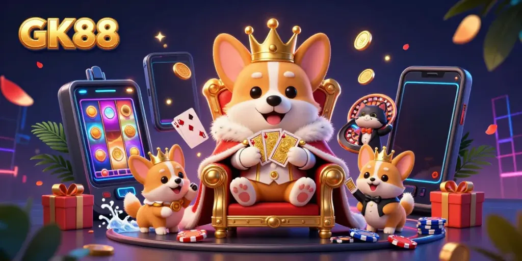 Experience the vibrant gaming world of GK88 with a royal corgi and its butler amid casino elements.