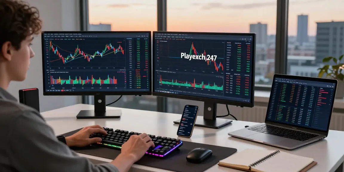 Playexch247 trading interface on monitors in a sleek home office with crypto charts and digital wallets.