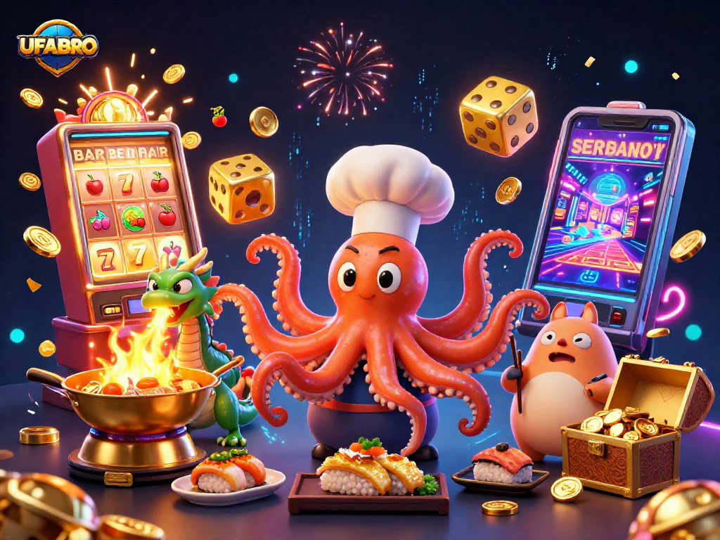 Experience UFABRO's thrilling casino scene with an octopus chef, dragon, and fun gambling elements.