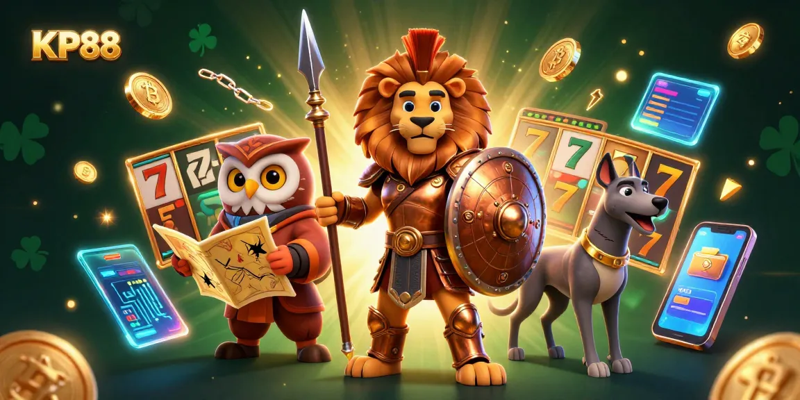 Experience thrilling games at KP88 with a dynamic casino scene featuring iconic characters and slot elements.