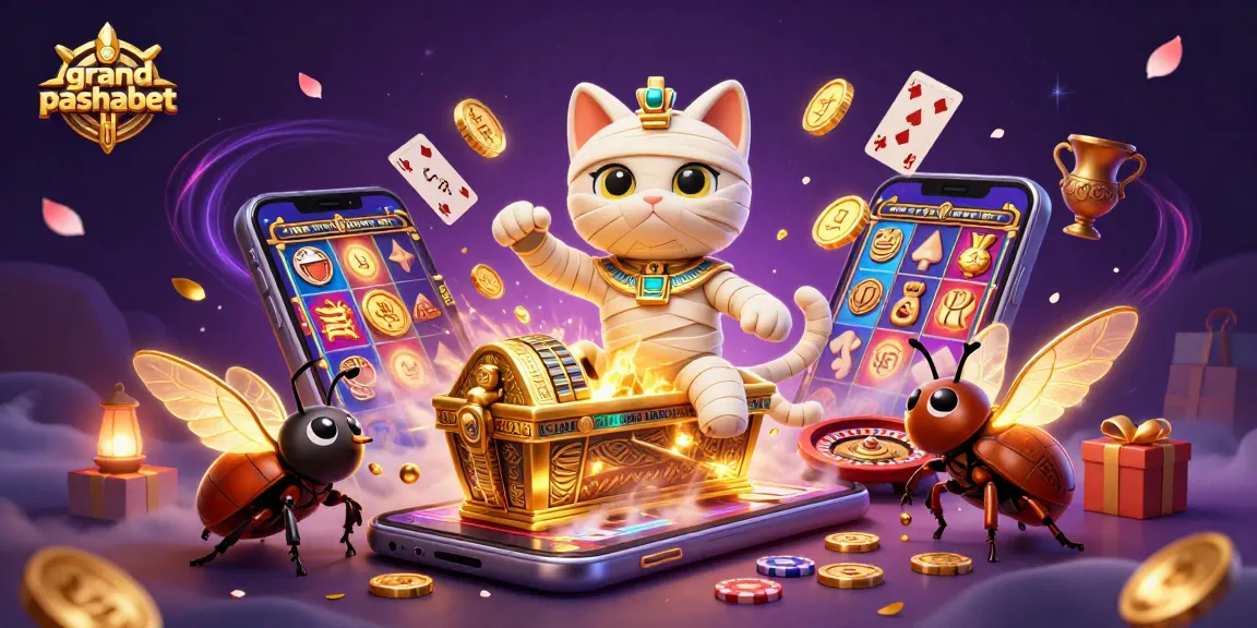 grandpashabet features a vibrant 3D scene of a mummy cat, casino games, and golden coins