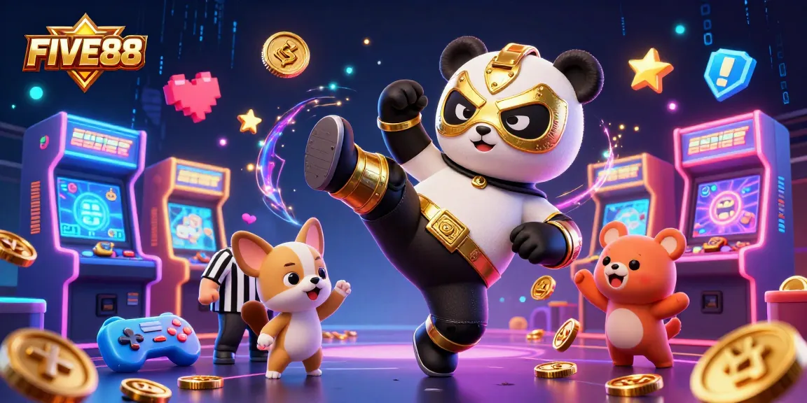 Experience FIVE88's thrilling online gaming landscape with vibrant cartoon characters and arcade action!