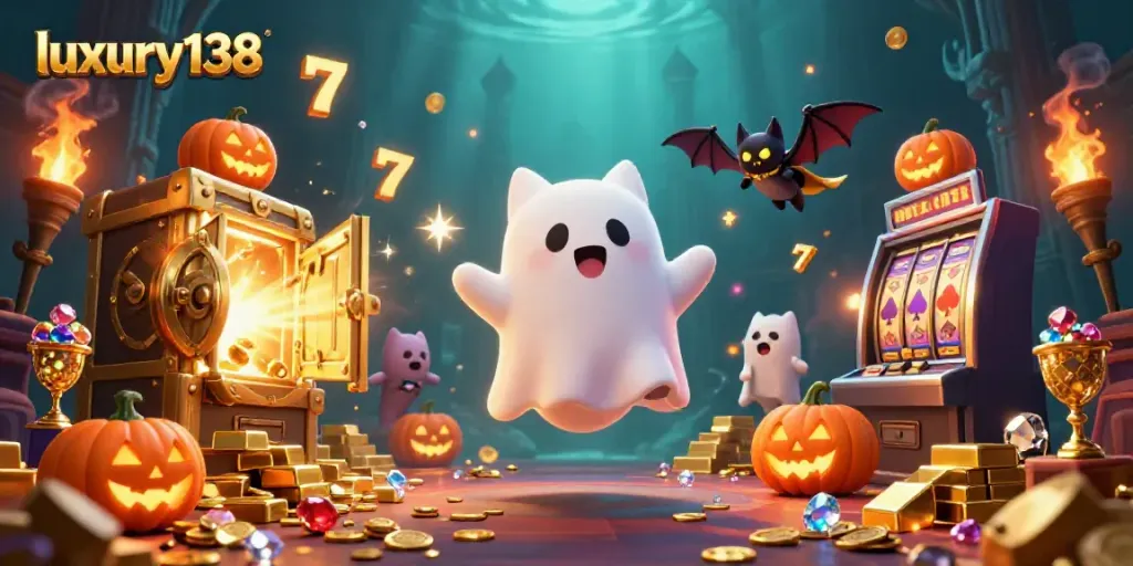 Experience the thrilling atmosphere of luxury138 with a friendly ghost cat in a haunted casino.