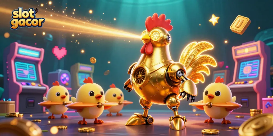 Menggandakan peluang slot gacor dengan robot ayam emas futuristik dan elemen permainan kasino yang menarik.