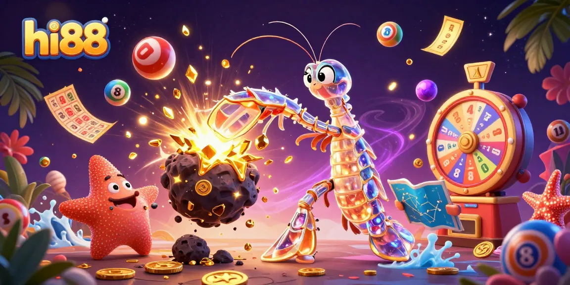 hi88 players enjoy a vibrant casino scene with colorful lottery balls and golden tickets raining down.