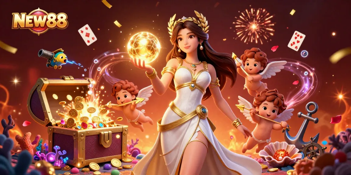 Experience the thrill of betting at NEW88 with a dazzling 3D casino scene full of vibrant elements.