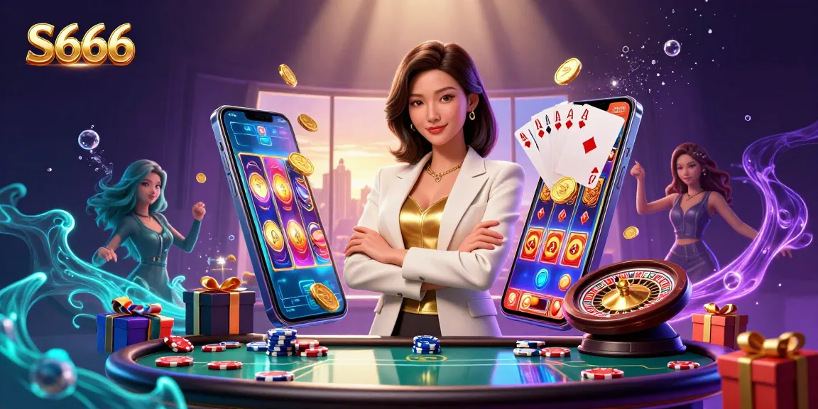 S666 online casino promotional art displaying an elegant Asian woman holding cards amid vibrant gaming elements.