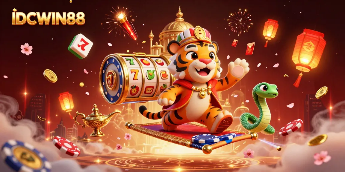 Experience thrilling slots with IDCWIN88 in a vibrant Arabian Nights scene filled with jackpots and excitement.