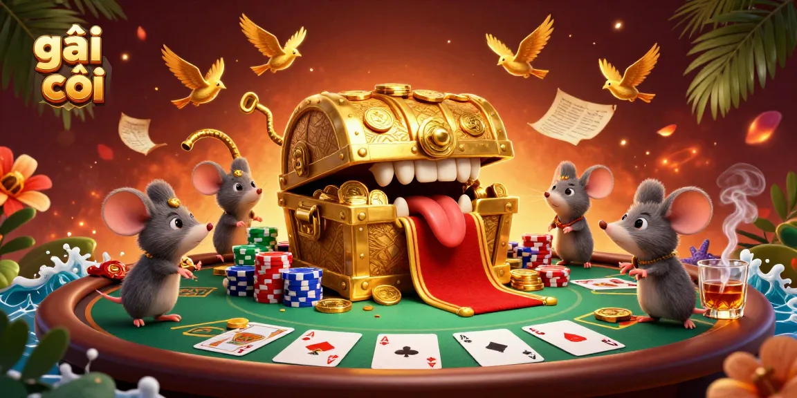 Engage with the vibrant gambling scene featuring gái gọi, a golden treasure chest mimic, and poker elements.