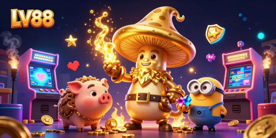 Experience engaging gaming at LV88 with a wizard, treasure-hunting pig, and lively arcade machines.