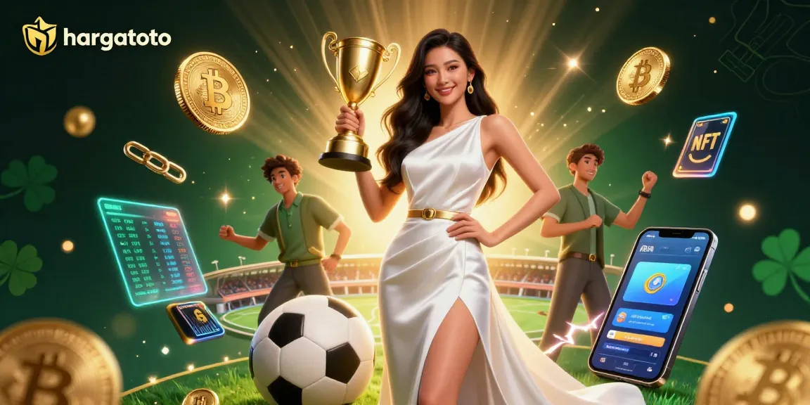 Experience the excitement of hargatoto with a stunning Asian woman celebrating as she holds a trophy amidst crypto and sports betting elements.