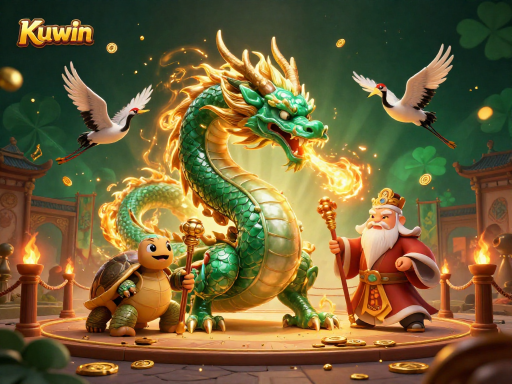 Kuwin showcases a vibrant 3D illustration featuring a dragon, turtle sage, and lucky cranes amidst a casino-themed setting.