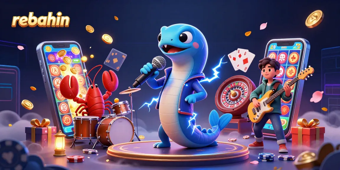 Rebahin features an underwater casino scene with an electric eel DJ and exciting slot games.