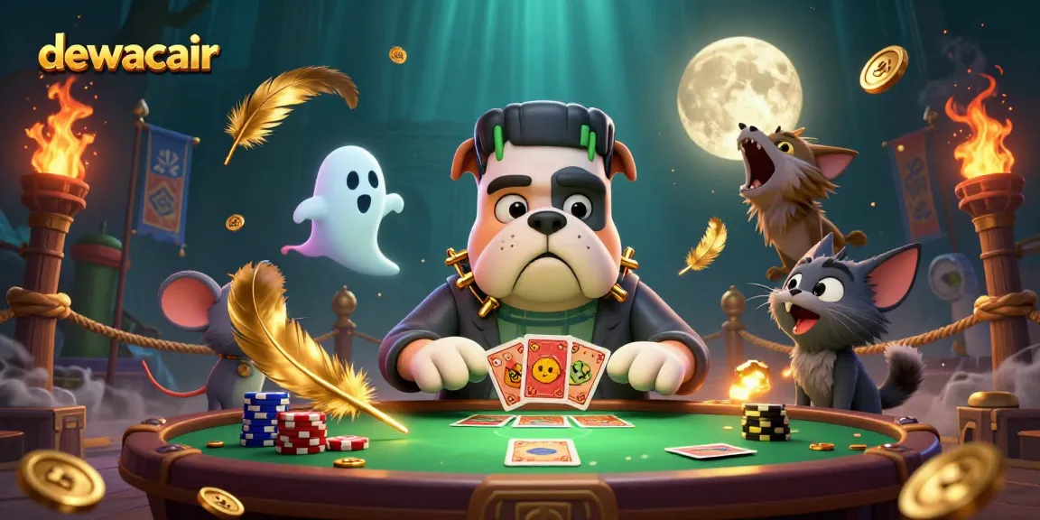 Experience thrilling gameplay on dewacair with a vibrant 3D illustration showcasing a Frankenstein bulldog dealer amidst exciting casino elements.