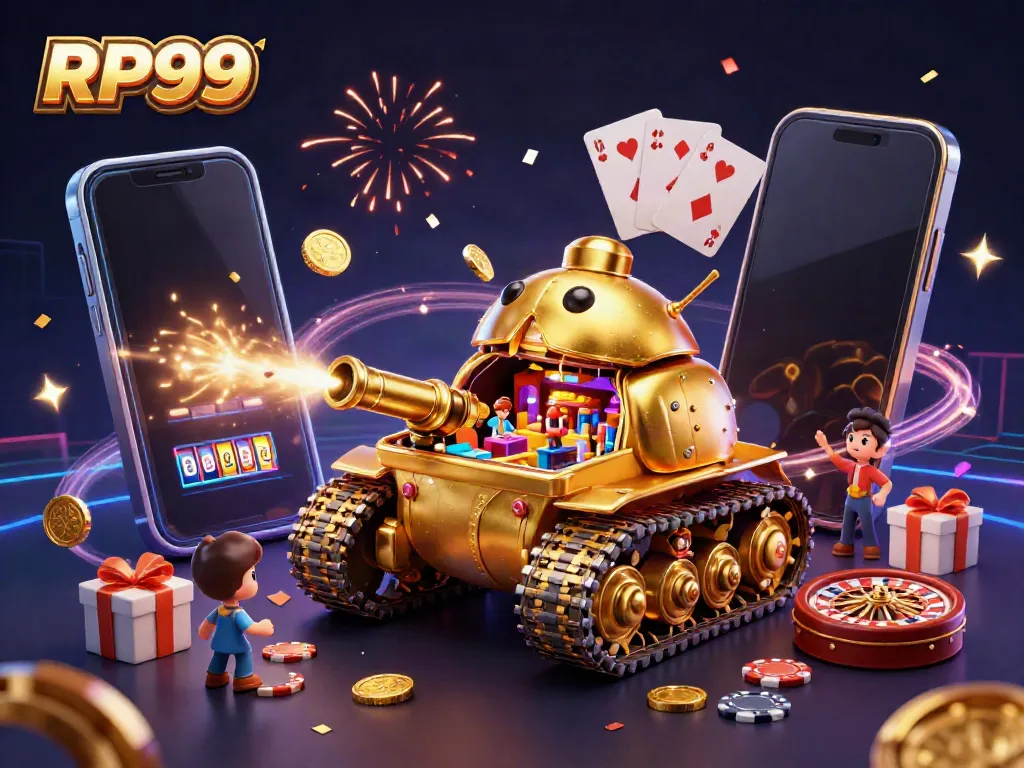 Experience thrilling gameplay with RP99 inside a unique golden beetle tank casino, surrounded by exciting slot game elements.