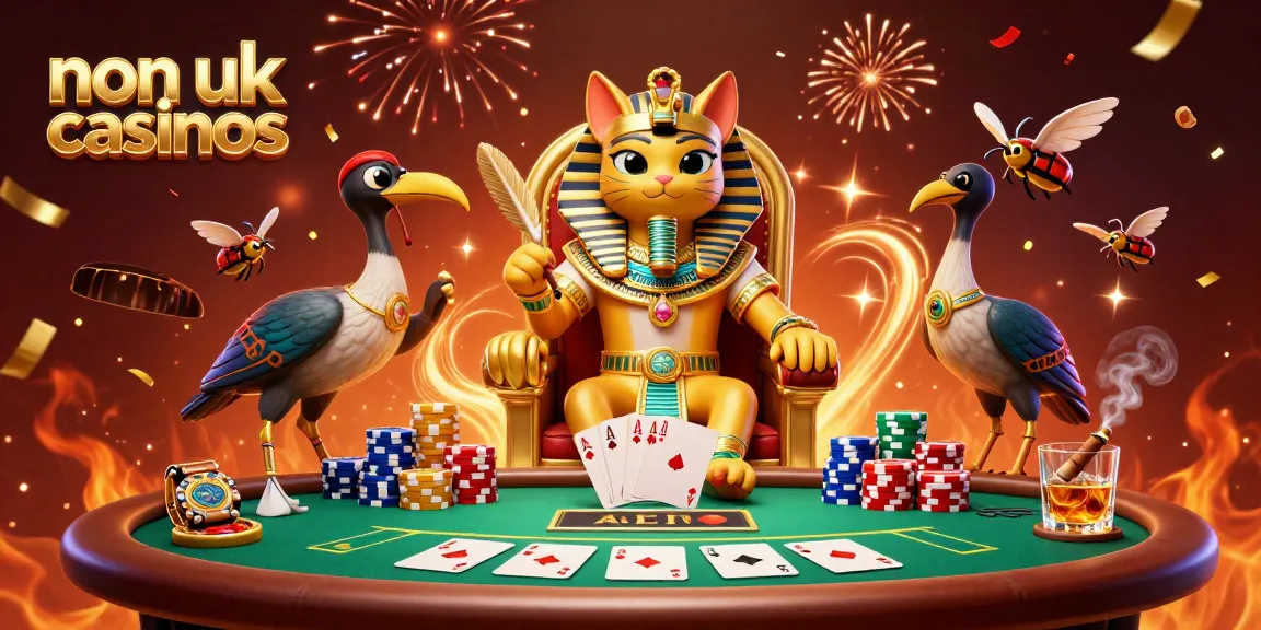 Engaging scene of non uk casinos featuring a pharaoh cat with poker elements and vibrant confetti.