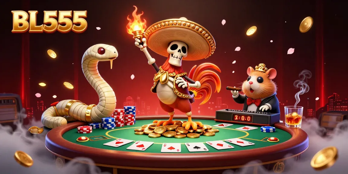 Celebrate winnings at BL555 with vibrant casino elements and engaging characters in this dynamic illustration.