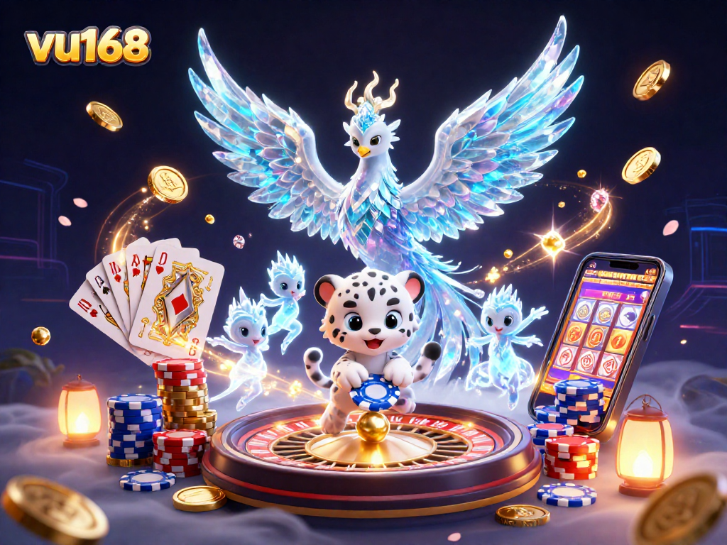 Experience thrilling gameplay with vu168's vibrant 3D casino illustration showcasing dynamic characters and game elements.