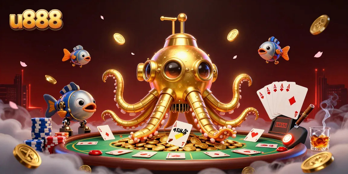 Experience the thrill of u888 with a golden kraken submarine and poker scene amidst shimmering coins.