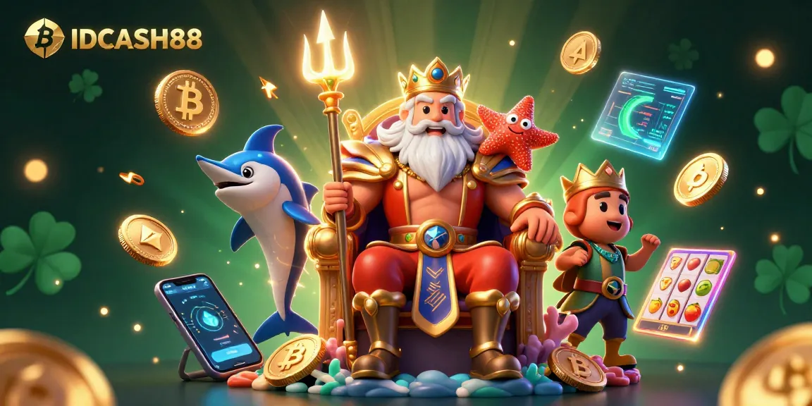 Experience engaging gameplay with IDCASH88 in a vibrant 3D illustration featuring sea king Neptune.