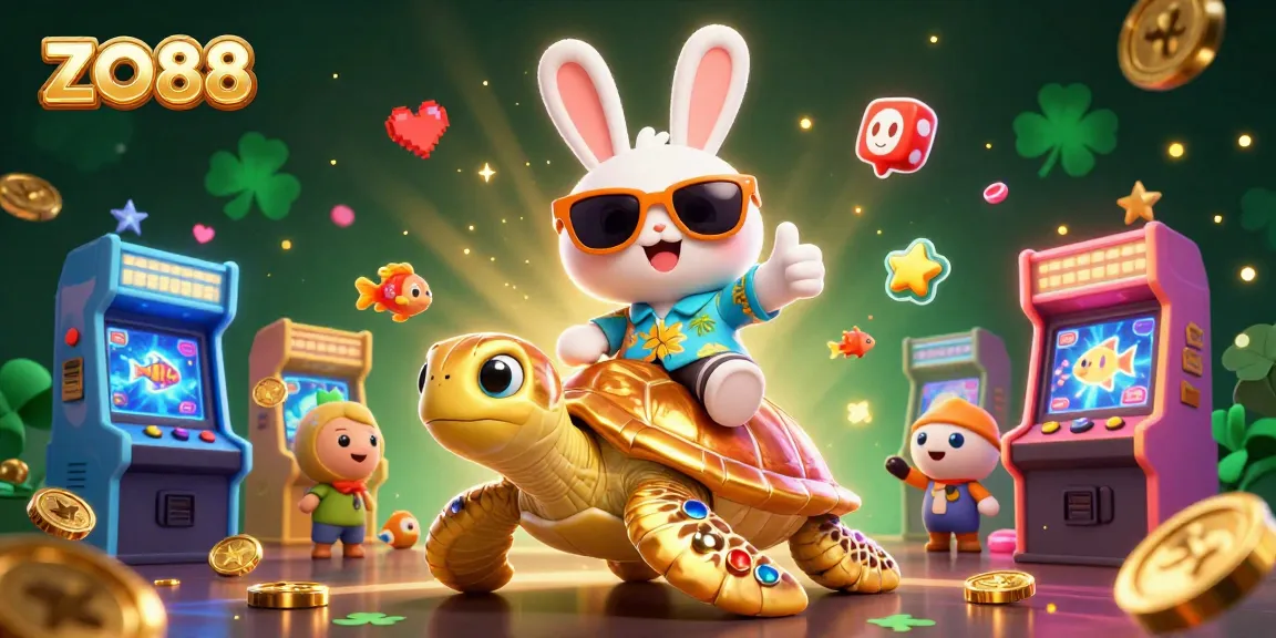 Engage with thrilling casino adventures at ZO88 featuring a lucky rabbit and golden turtle in a vibrant scene.