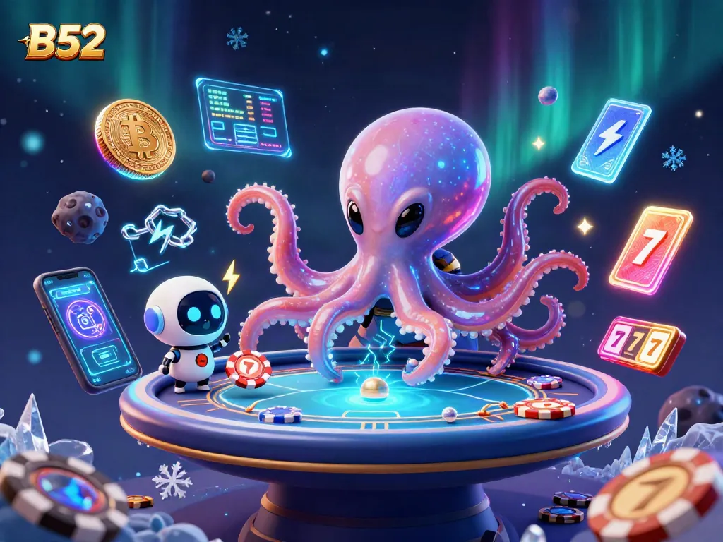 B52 gaming octopus hosts a holographic poker game with asteroids and crypto coins floating around.