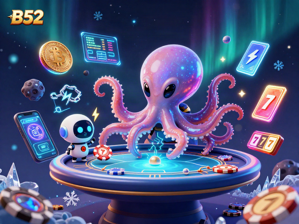 B52 gaming octopus hosts a holographic poker game with asteroids and crypto coins floating around.