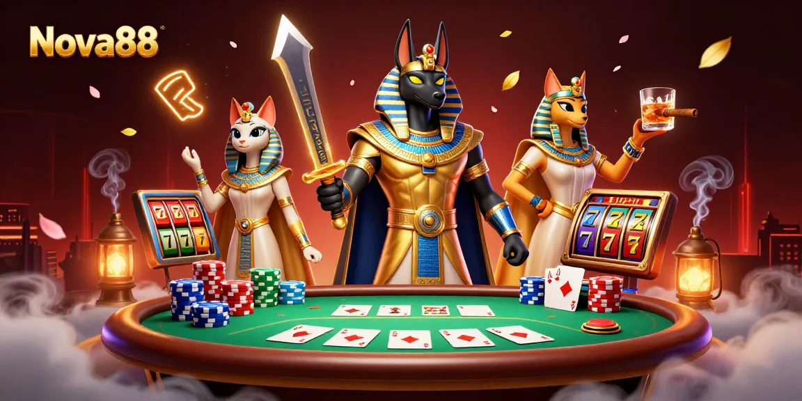 Nova88 displays a vibrant casino scene with Anubis and Bastet amidst poker chips and slot elements.