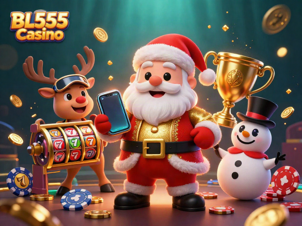Experience excitement at BL555 Casino with Santa Claus and friends in a vibrant slot scene.