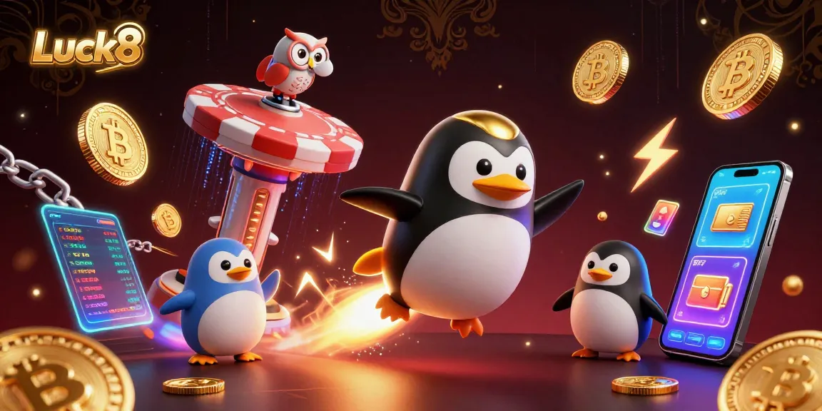 Engage with Luck8's stunning casino adventure featuring gold coins, a penguin, and crypto elements.