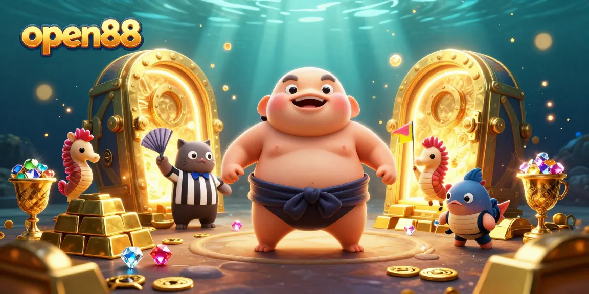 Engage with open88 in this colorful underwater casino scene filled with majestic treasures and cheerful characters.
