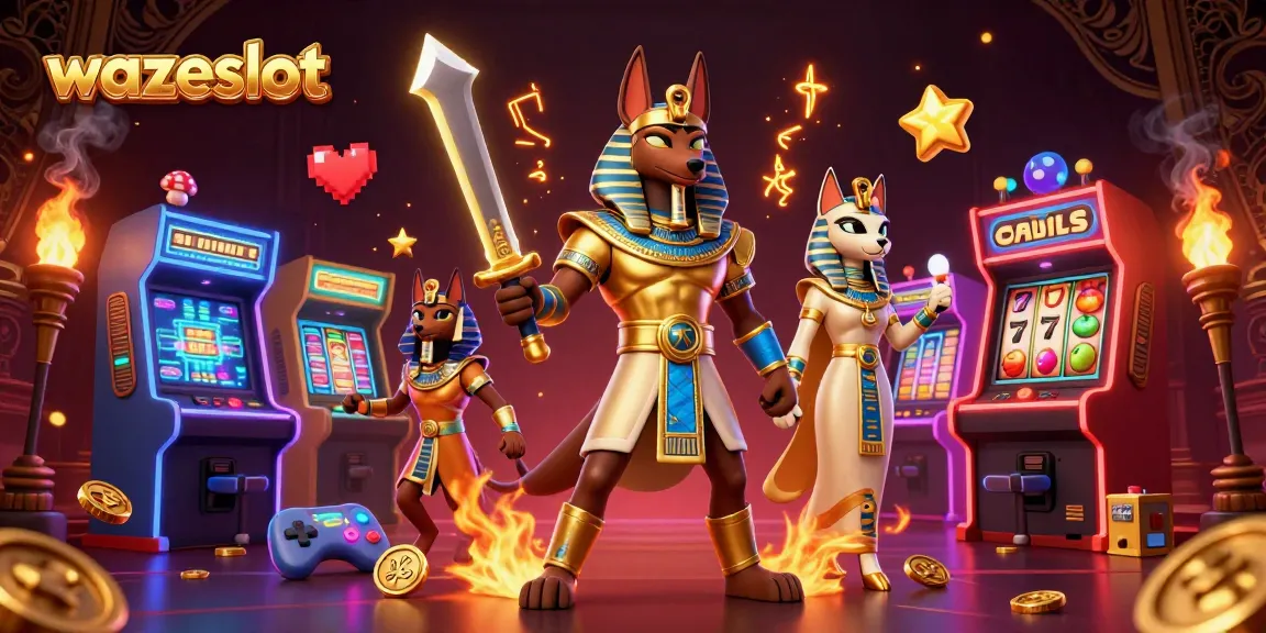 Experience excitement with WAZESLOT in a vibrant 3D casino scene featuring Anubis and Bastet.