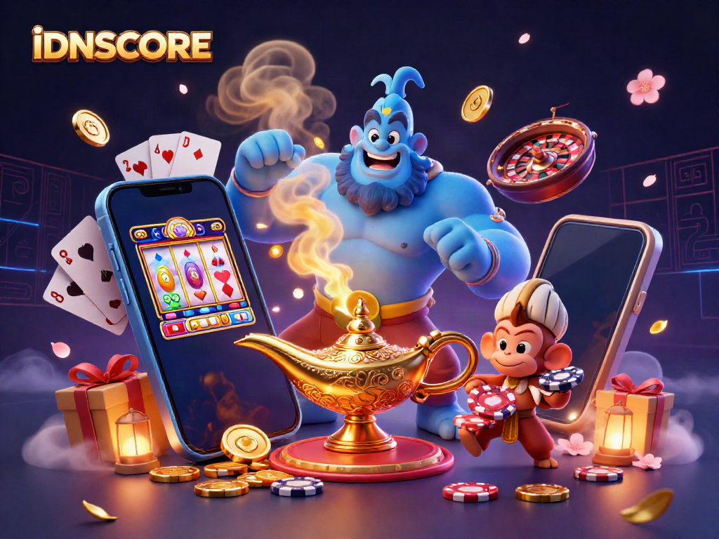 Experience IDNSCORE's thrilling gaming action with a muscular genie, poker chips, and vibrant game elements.