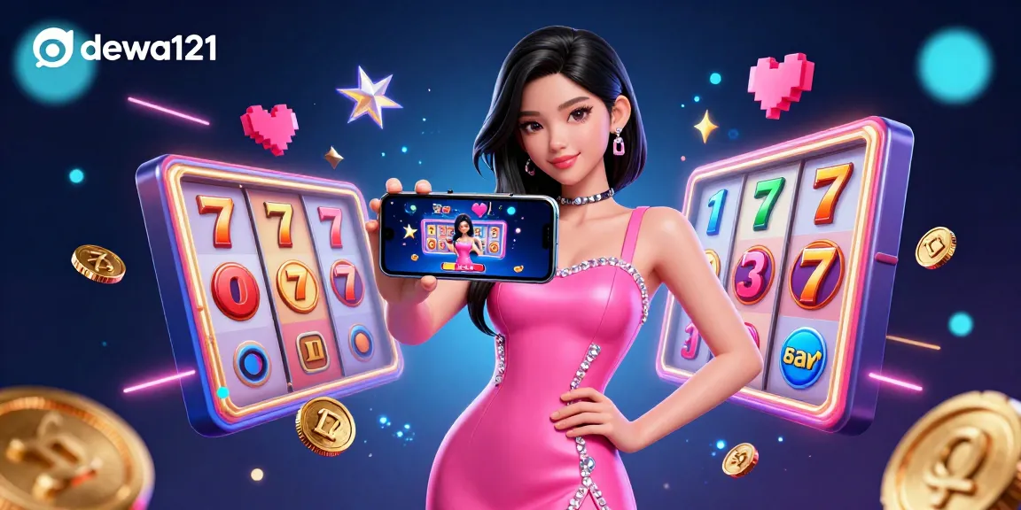 Dewa121 menampilkan adegan kasino langsung yang menarik dengan elemen permainan slot yang cerah dan seorang wanita elegan.