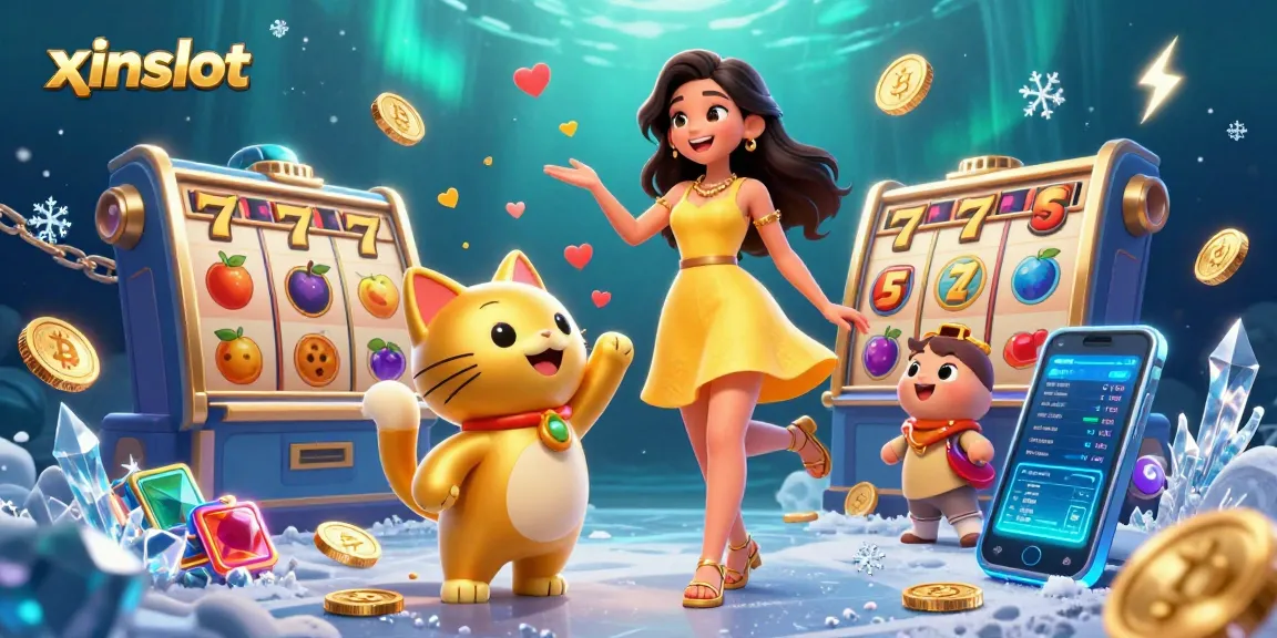 Play exciting games on xinslot with vibrant characters, slot reels, and glowing coins.