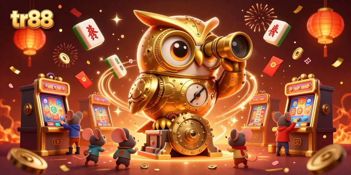 Win big with tr88 as a vibrant owl oversees slot machines and festive casino elements.